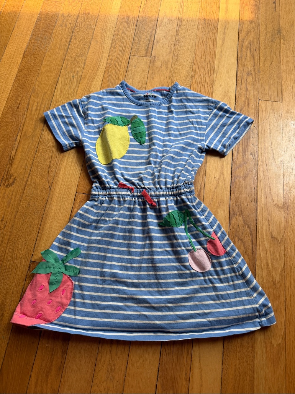 Mini Boden blue and white striped fruit print dress